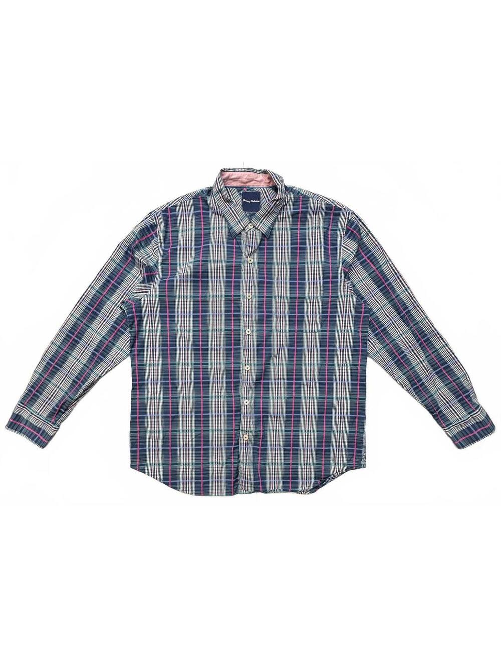 Tommy Bahama Men’s XL Plaid Long Sleeve Shirt Cotton Silk Button Up Blue Pink